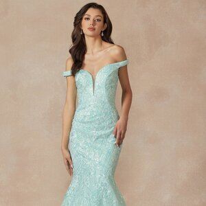 NEW CUT-AWAY SHOULDER SLEEVELESS MERMAID DRESS EMBROIDERED WITH SEQUINS JT 2412